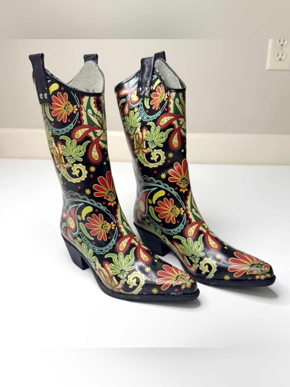 Nomad Black Floral Western Rain Boots with Red and Green Accents